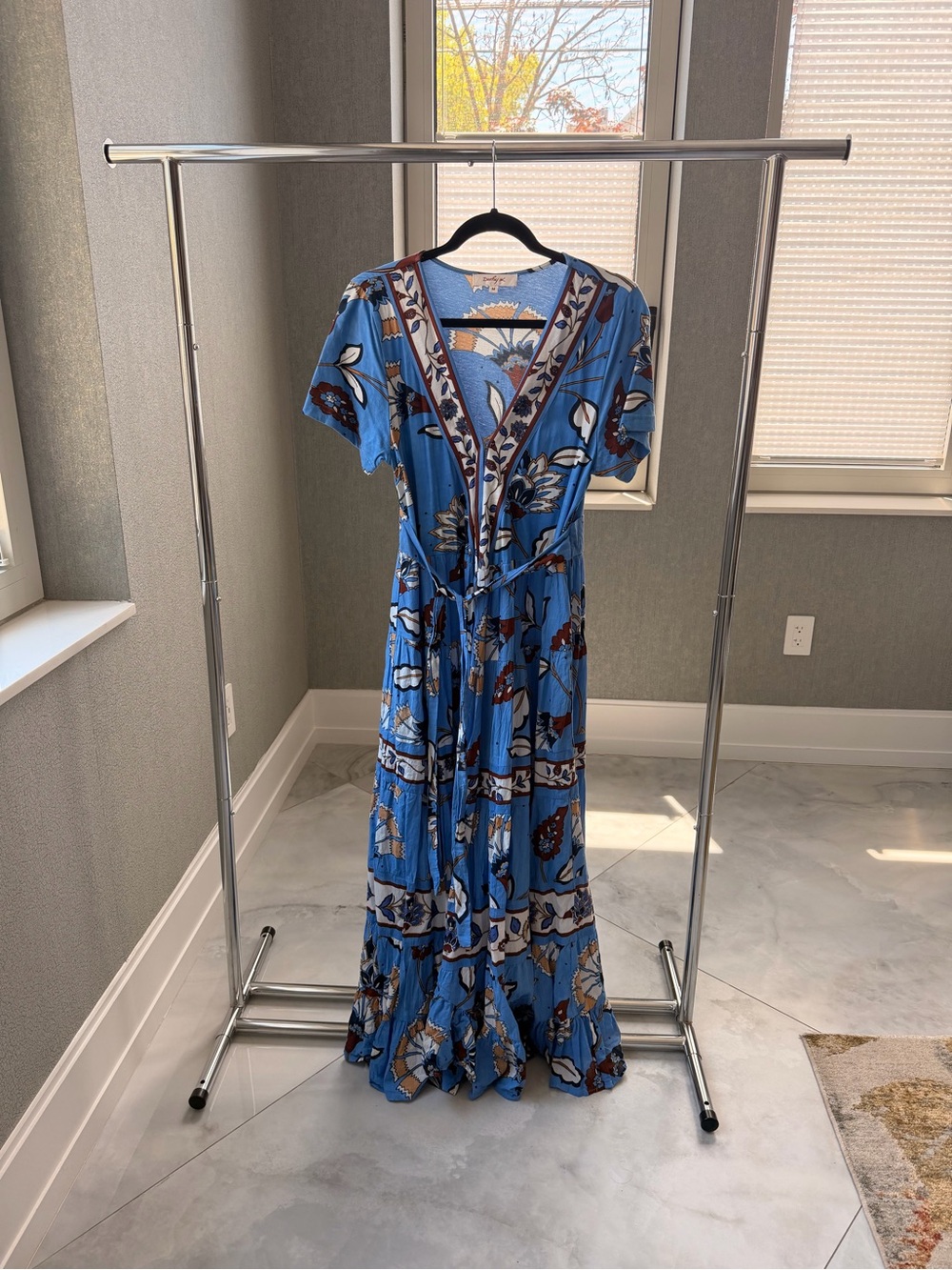 Derhy Blue Floral Boho Maxi Dress Medium - V-Neck Wrap Style - 100% Cotton